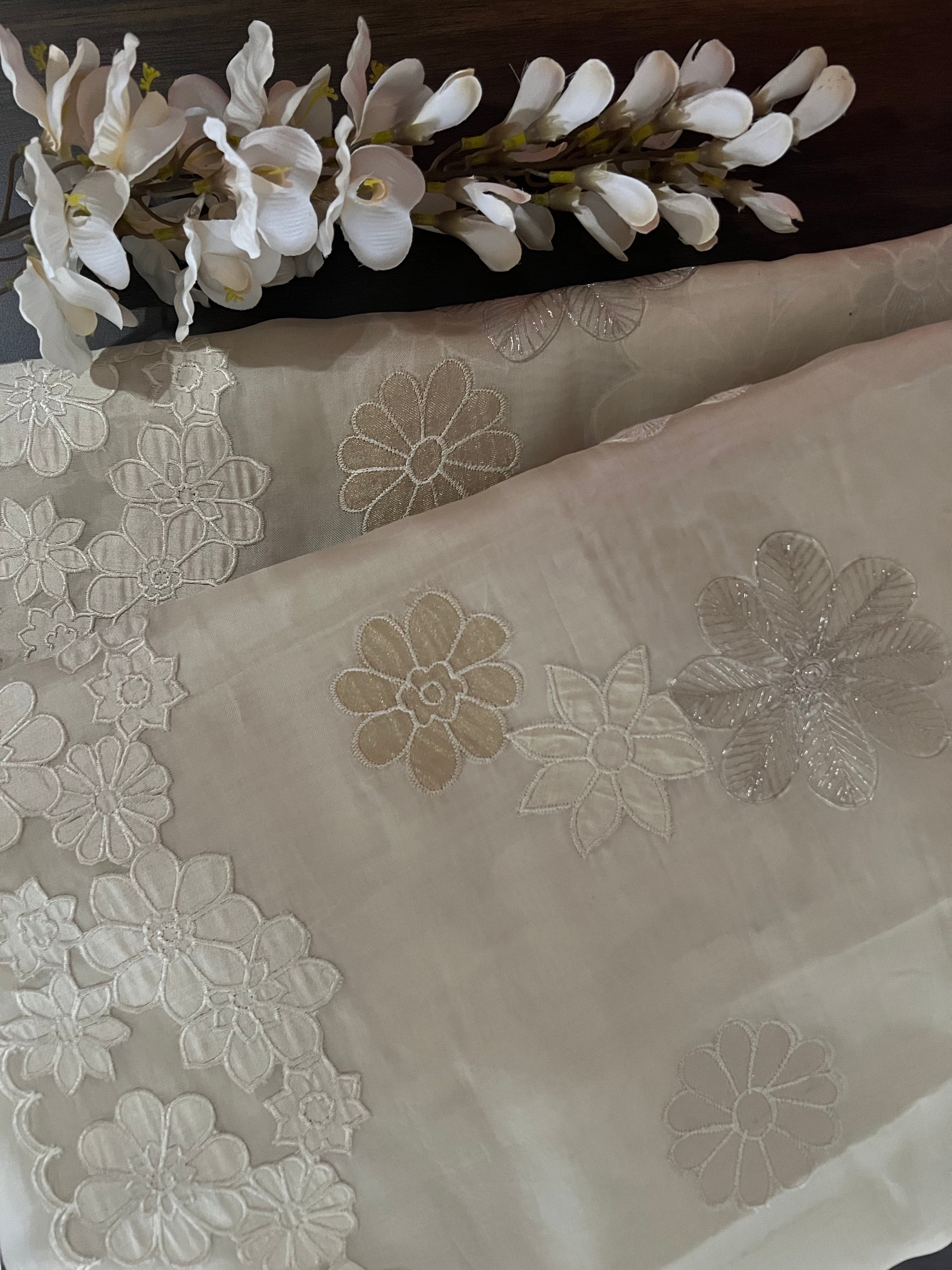 Ivory Shimmer Blossom Organza Saree