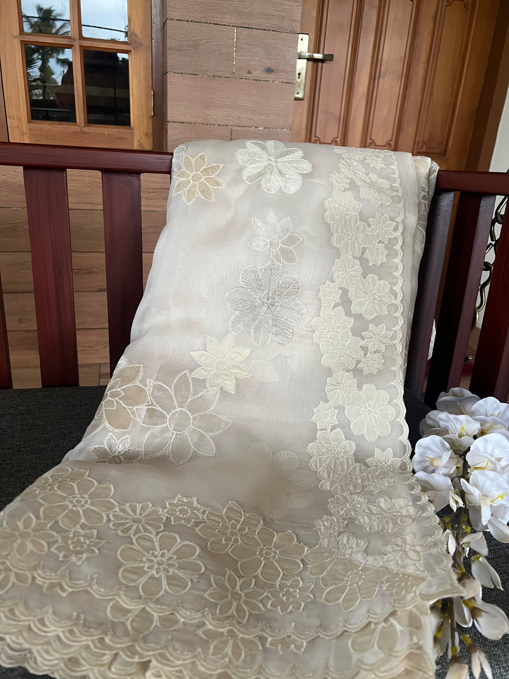 Ivory Shimmer Blossom Organza Saree